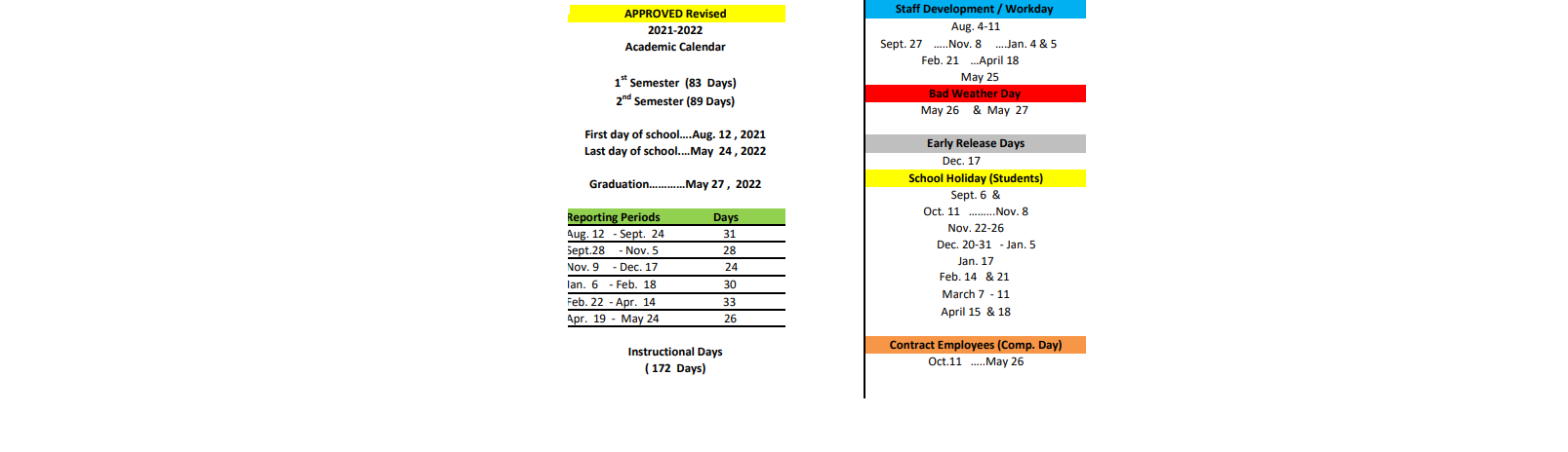 District School Academic Calendar Key for Challenge Academy