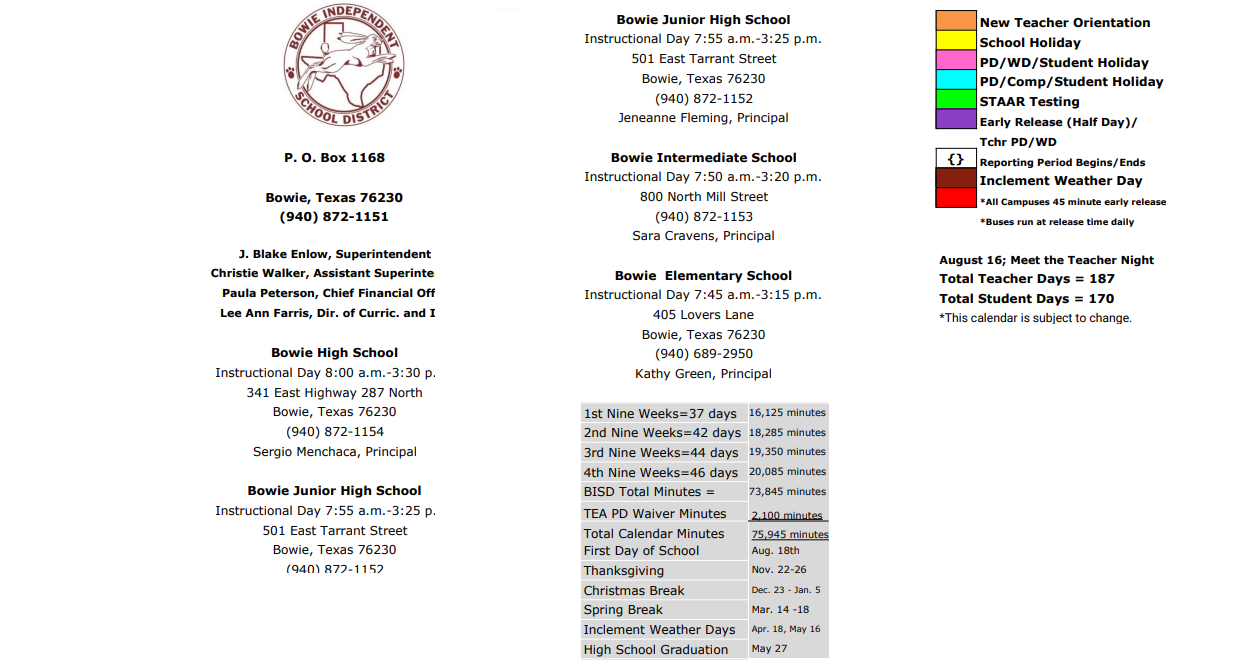 District School Academic Calendar Key for Bowie Elementary