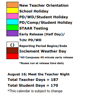 District School Academic Calendar Legend for Bowie Junior High