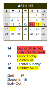 District School Academic Calendar for Brackett High School for April 2022