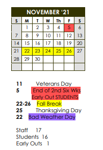 District School Academic Calendar for Brackett High School for November 2021
