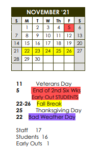 District School Academic Calendar for Brackett Junior High for November 2021