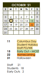 District School Academic Calendar for Brackett High School for October 2021