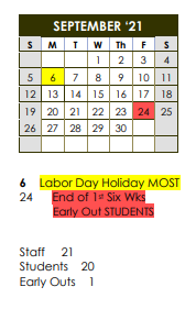 District School Academic Calendar for Brackett Alter for September 2021