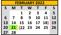 District School Academic Calendar for Brady Middle School for February 2022