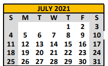 District School Academic Calendar for Brady Elementary for July 2021