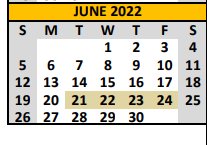 District School Academic Calendar for Brady Elementary for June 2022