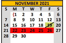 District School Academic Calendar for North Ward Primary for November 2021