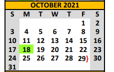 District School Academic Calendar for Alter Ed Prog for October 2021