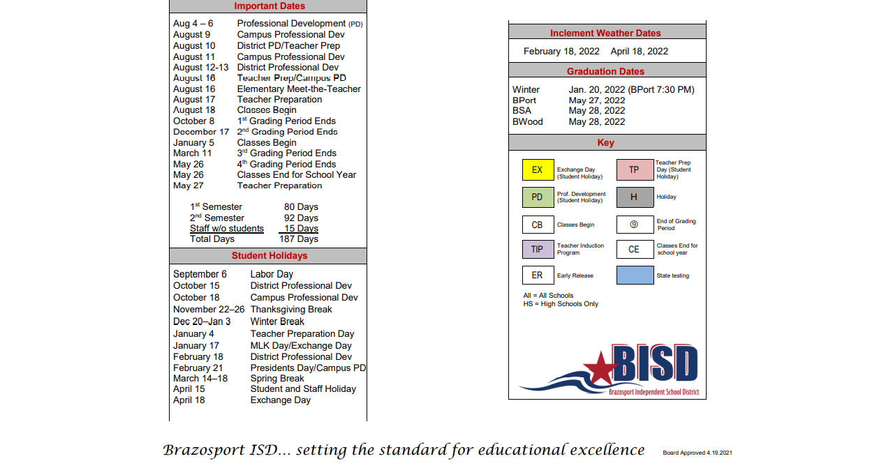 District School Academic Calendar Key for Lake Jackson Intermediate