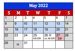 District School Academic Calendar for Lighthouse Learning Center - Jjaep for May 2022