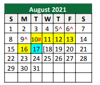 District School Academic Calendar for East Elementary for August 2021