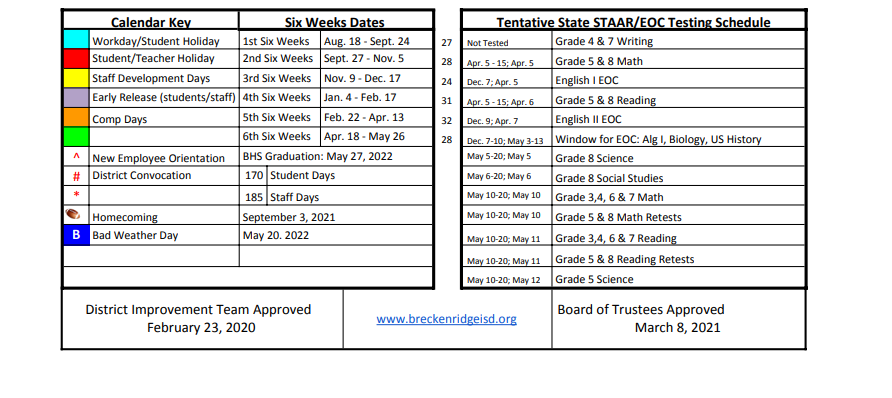 District School Academic Calendar Key for East Elementary