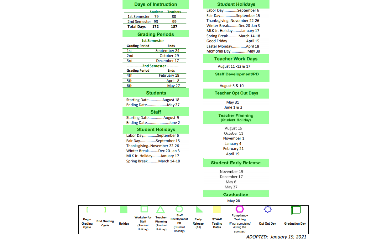 District School Academic Calendar Key for Brenham Alternative