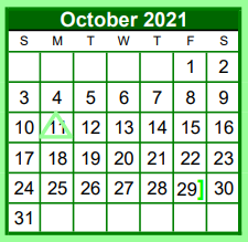 District School Academic Calendar for Brenham Alternative for October 2021