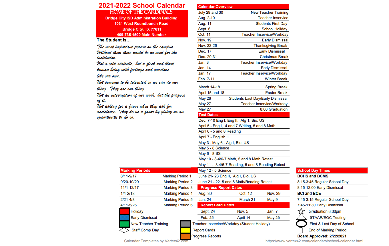 Bridge City Middle - School District Instructional Calendar - Bridge City  Isd - 2021-2022