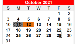 District School Academic Calendar for Bridge City H S for October 2021