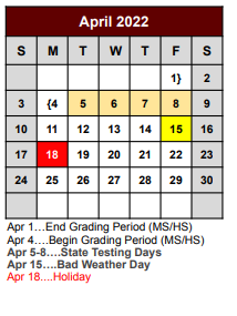 District School Academic Calendar for Wise County Special Education Coop for April 2022