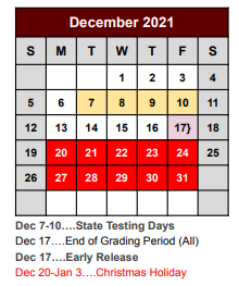 District School Academic Calendar for Bridgeport Elementary for December 2021