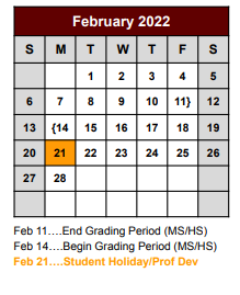 District School Academic Calendar for Bridgeport H S for February 2022