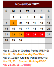 District School Academic Calendar for Bridgeport Elementary for November 2021