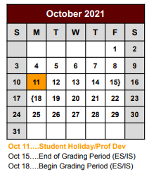 District School Academic Calendar for Bridgeport Elementary for October 2021