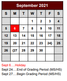 District School Academic Calendar for Bridgeport Elementary for September 2021