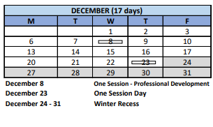 District School Academic Calendar for New Start Program for December 2021