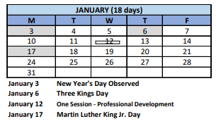 District School Academic Calendar for Classical Studies Academy for January 2022