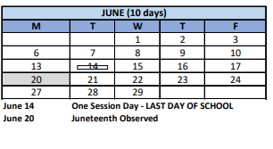 District School Academic Calendar for Parent-children Program for June 2022