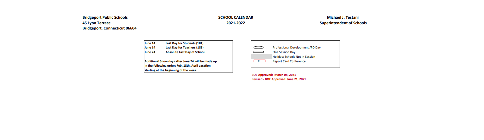 District School Academic Calendar Key for Dunbar School