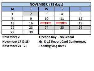 District School Academic Calendar for Bridgeport Learning Center for November 2021