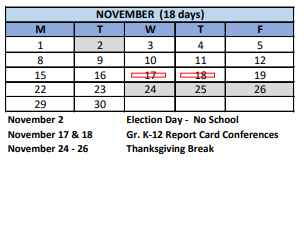 District School Academic Calendar for Hooker School for November 2021