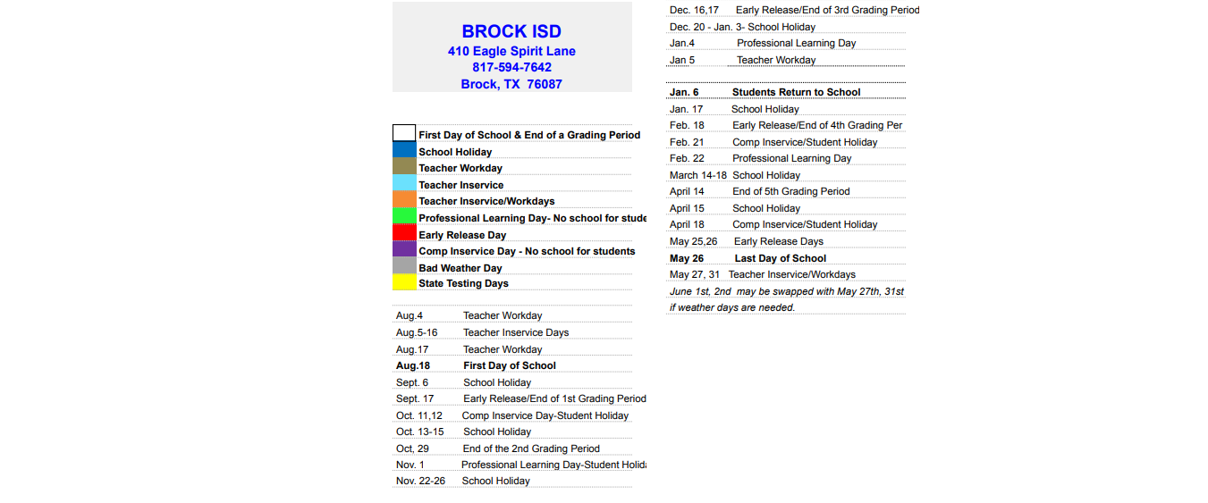 District School Academic Calendar Key for Brock Elementary