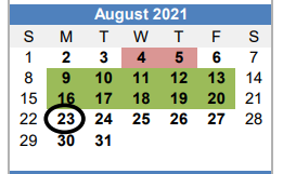 District School Academic Calendar for Oak Grove Elementary for August 2021
