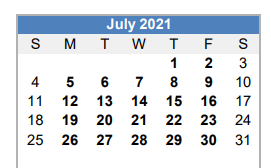 District School Academic Calendar for Brownfield Middle for July 2021