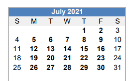 District School Academic Calendar for Oak Grove Elementary for July 2021