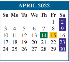 District School Academic Calendar for Cameron Co Juvenile Detention Ctr for April 2022
