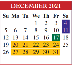 District School Academic Calendar for Cameron Co Juvenile Detention Ctr for December 2021