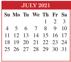District School Academic Calendar for Cameron Co Juvenile Detention Ctr for July 2021