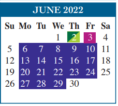 District School Academic Calendar for Castaneda Elementary for June 2022