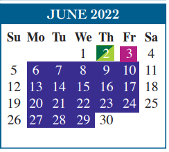 District School Academic Calendar for Adult Ed for June 2022