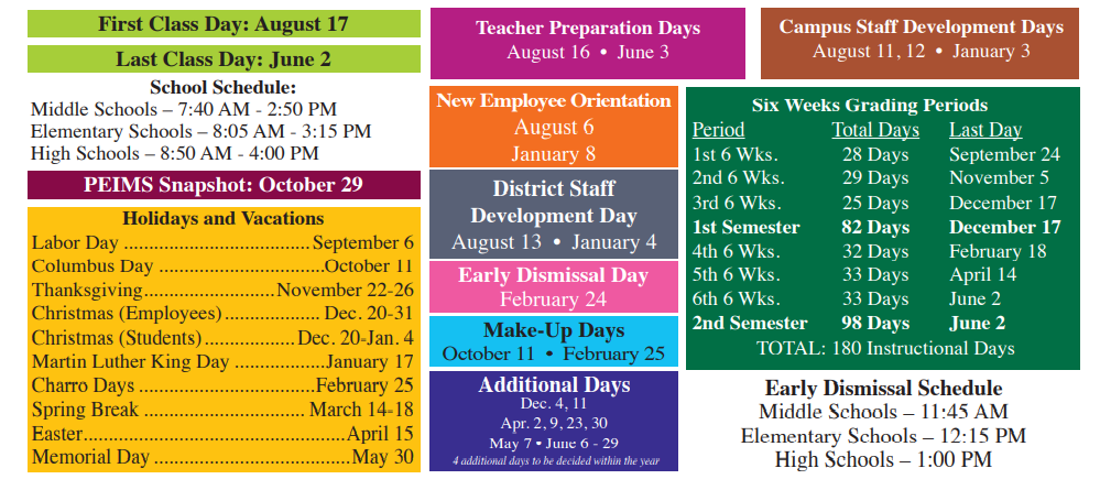 District School Academic Calendar Key for Castaneda Elementary