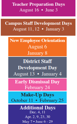 District School Academic Calendar Legend for Castaneda Elementary