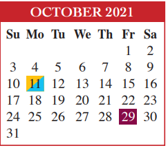 District School Academic Calendar for Cameron Co Juvenile Detention Ctr for October 2021