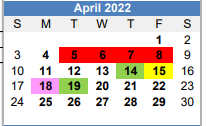 District School Academic Calendar for B-e Achievement Ctr for April 2022