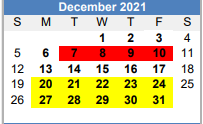 District School Academic Calendar for B-e Achievement Ctr for December 2021