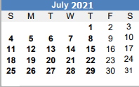 District School Academic Calendar for B-e Achievement Ctr for July 2021