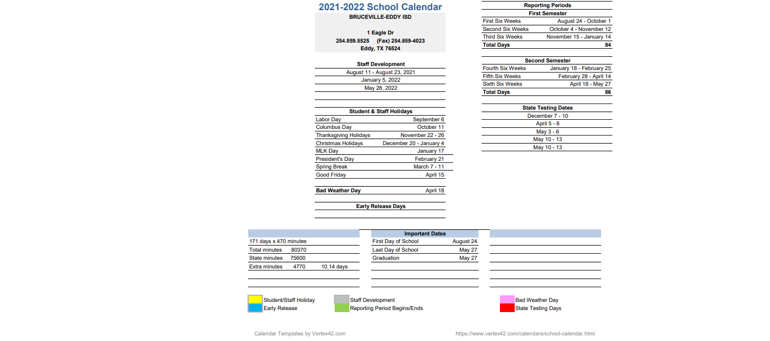 District School Academic Calendar Key for Bruceville-eddy High School