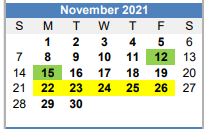 District School Academic Calendar for B-e Achievement Ctr for November 2021